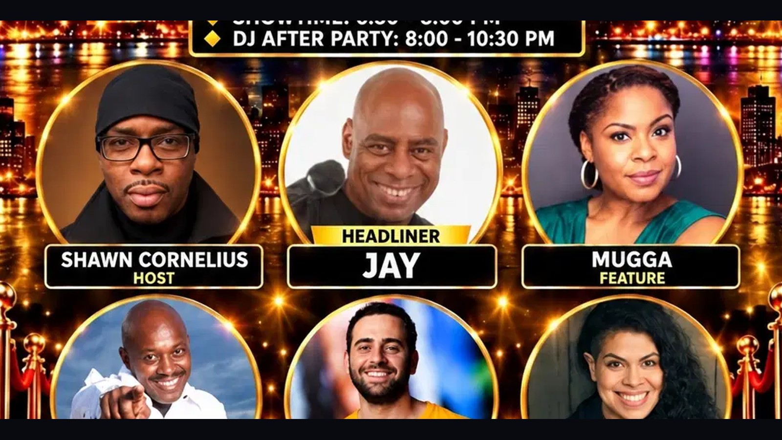 The Comedy Spillage lineup: host Shawn Cornelius, headliner Jay the Sing-a-median, Kenny Woo, Daniel Geneen, Sashalyn Medina and Mugga