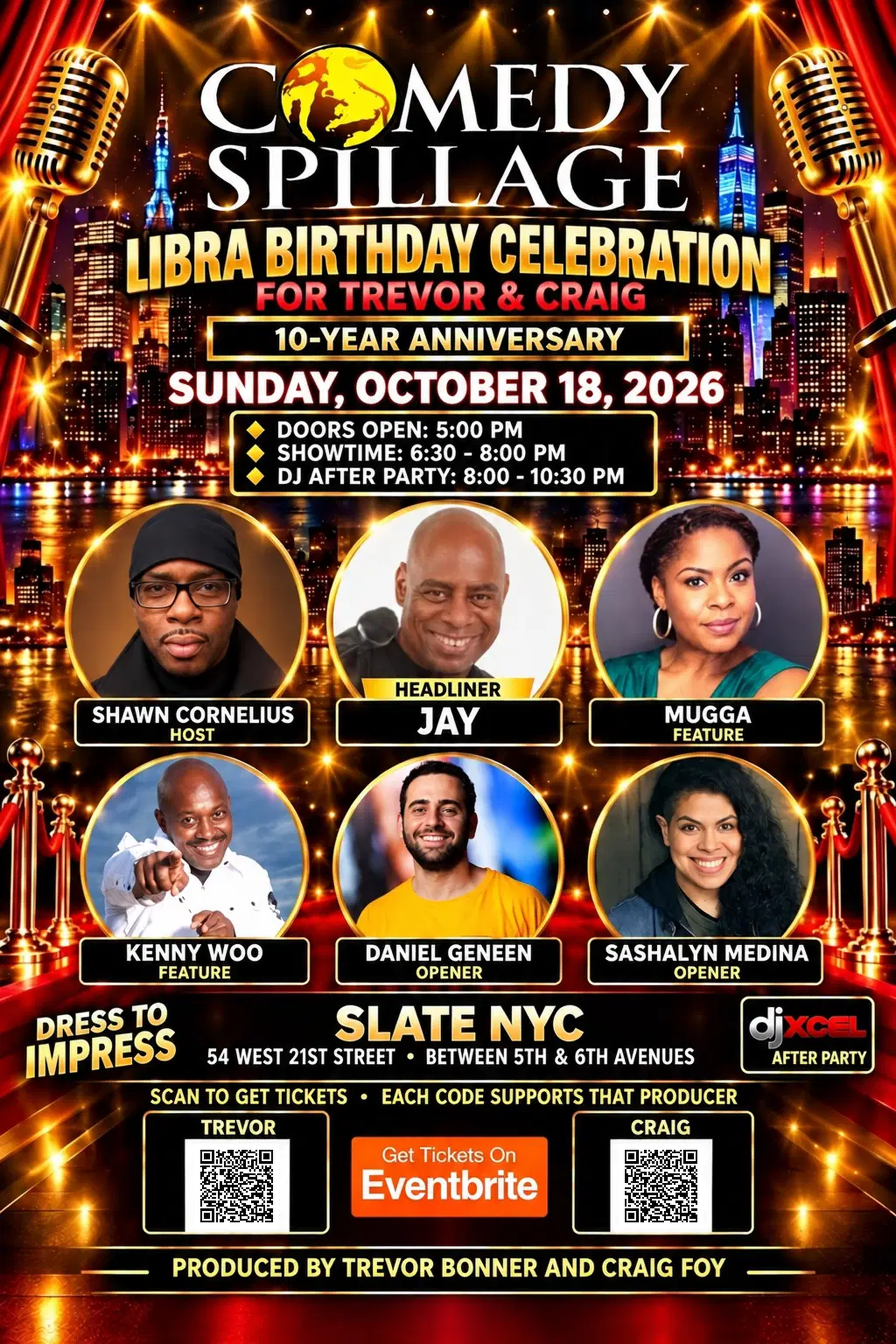 Comedy Spillage Libra birthday and 10 year anniversary flyer for October 18, 2026 — Headliner Jay, Sunday October 18th at Slate NYC