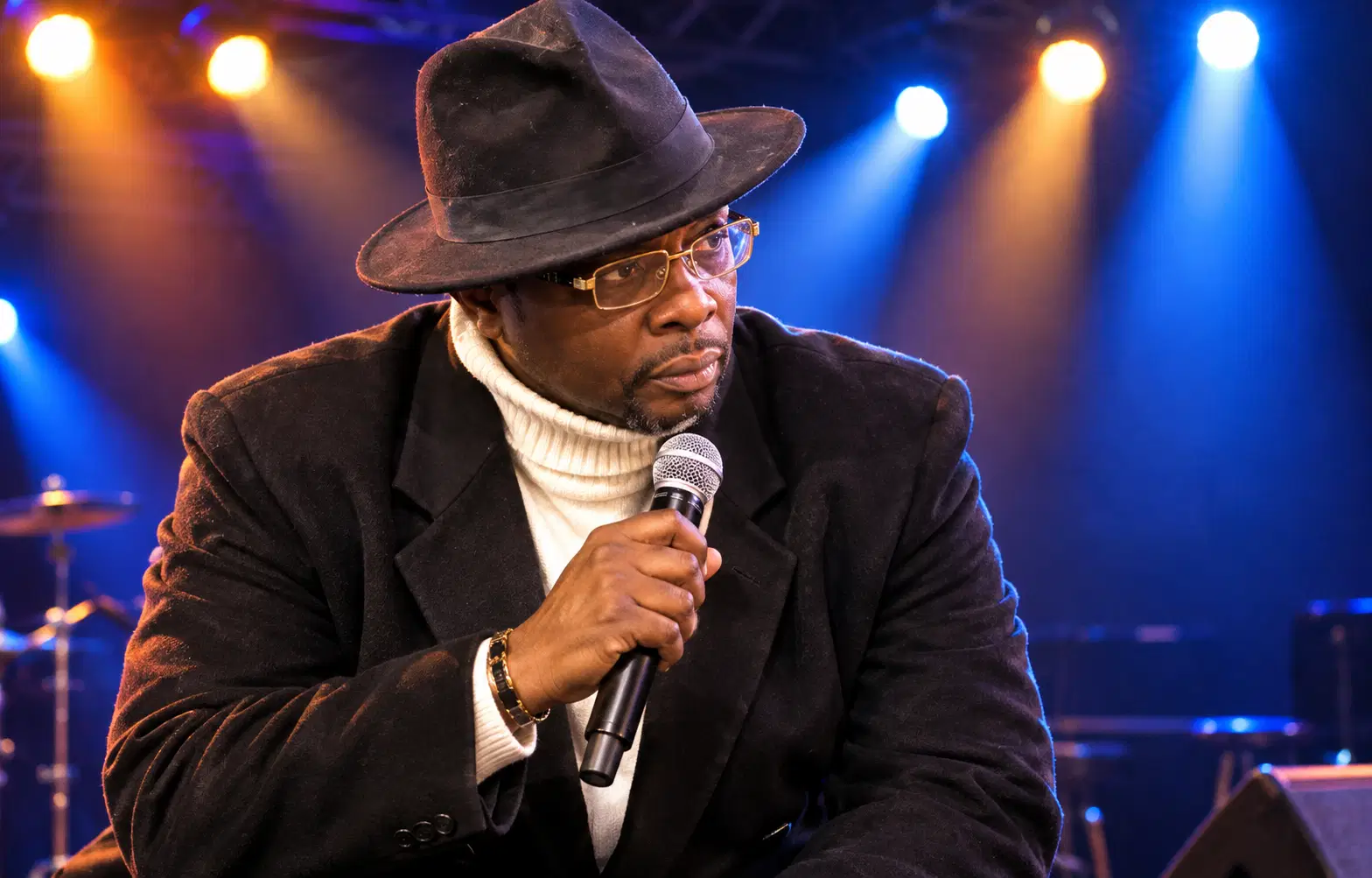 Shawn Cornelius performing with a microphone on the Comedy Spillage stage